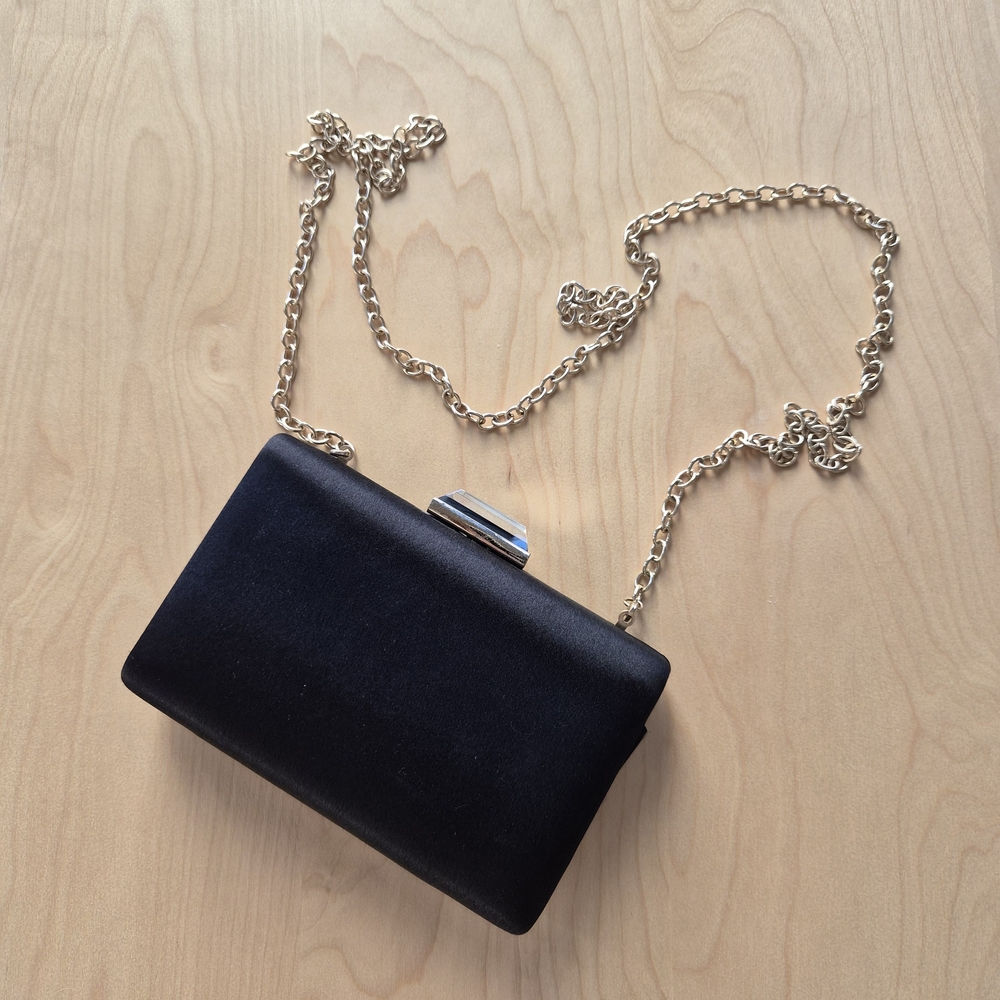 ☆5/$15☆Glint Black "Satin" Evening Clutch with Crystal Clasp&Golden Chain Strap